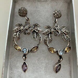 Sterling Silver Marcasite, Blue topaz, Citrine, Amythest  Floral Earrings